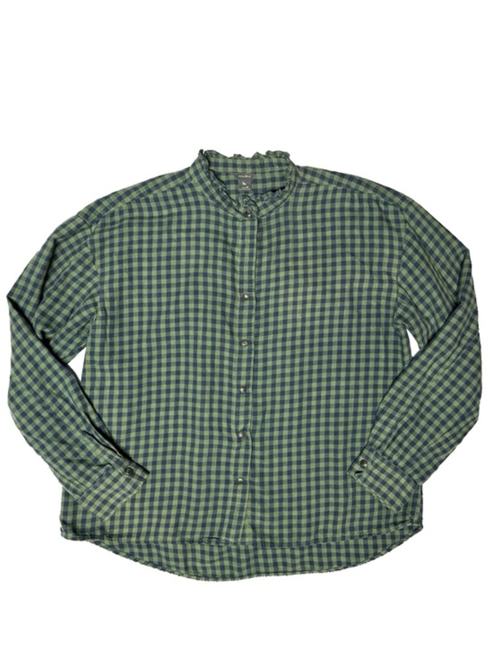 Eddie Bauer Green Plaid Snap Button Flannel Shirt Ruffle Collar Tencel Size Med